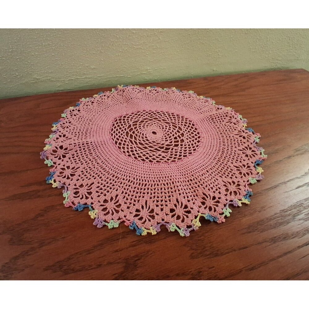 Pink Crocheted Doily Large 15 Inch Vintage 70s Floral Design Colorful Trim